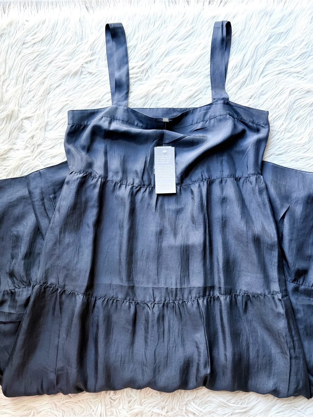 Eileen Fisher Tiered Silk Sundress PM NWT Navy 100% Silk Lined Maxi Dress